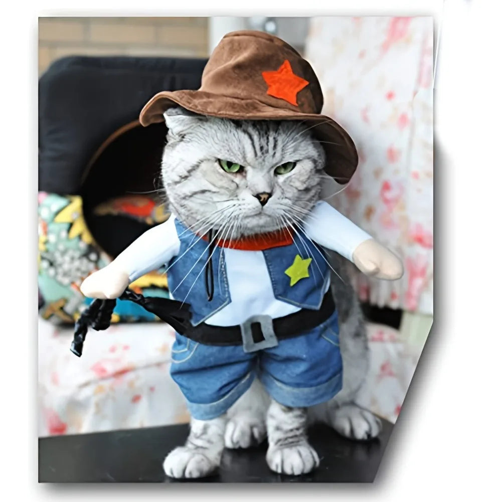 Cowboy Transformable Pet Costume Funny Cat Cosplay Outfit with Hat Halloween Christmas Party Dress Up Clothes for Small Medium