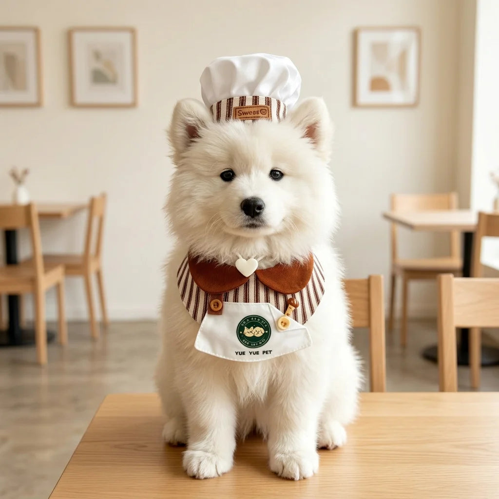 Cute Pet Chef Costume Set with Hat and Bib Collar Role Play Outfit for Dogs Cats Fun Pet Gift Birthday Party Photo Props