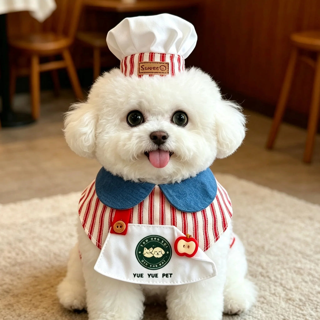 Cute Pet Chef Costume Set with Hat and Bib Collar Role Play Outfit for Dogs Cats Fun Pet Gift Birthday Party Photo Props