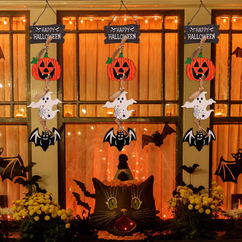 Halloween Wooden Decorations Pumpkin Bat Skeleton Ghost Pendant Hanging Ornament Wall Decor Horror Props Halloween Party Decor