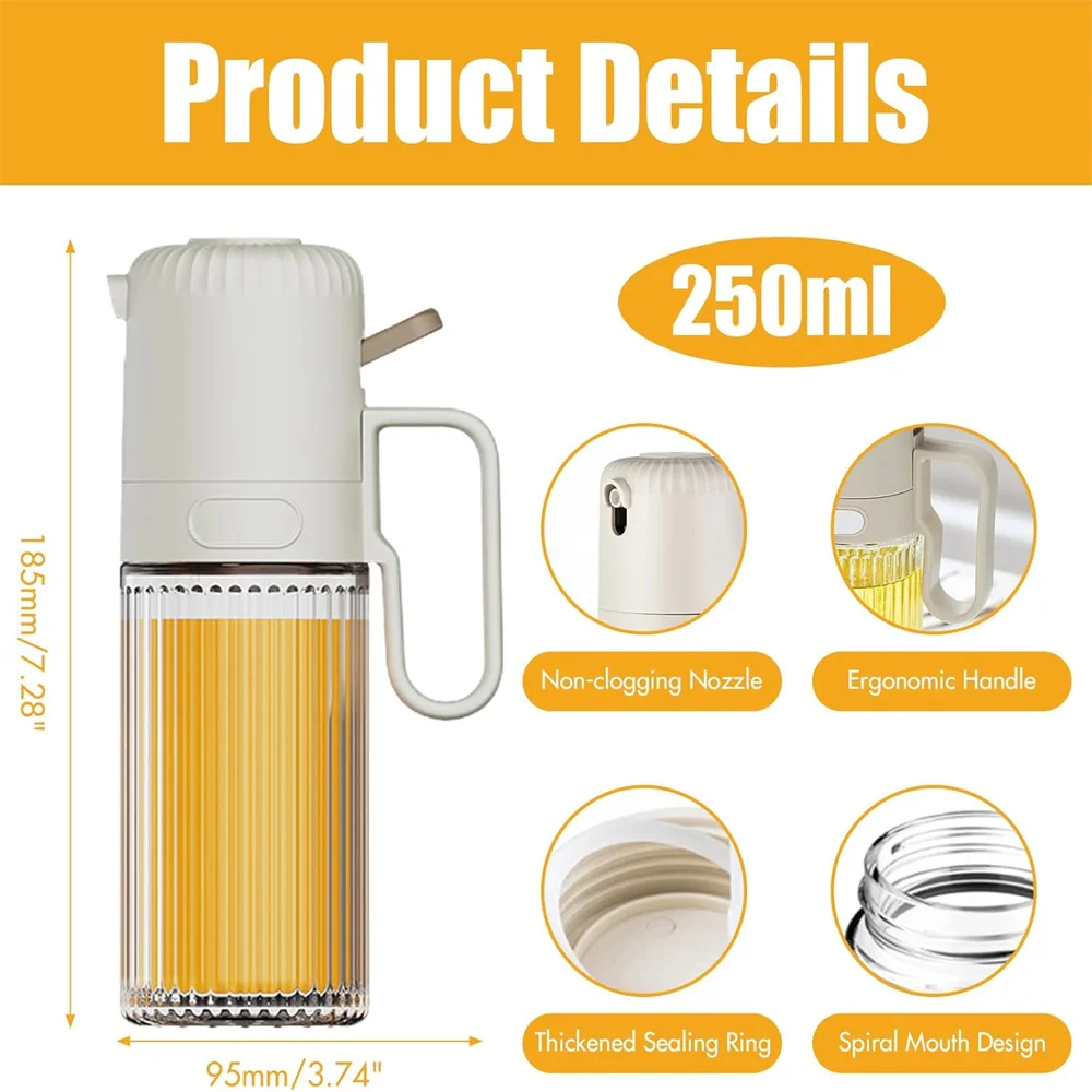 Glass Olive Oil Sprayer Bottle, 250ml, Adjustable, Leak Proof, for Cooking Kitchen, BBQ, Salad, Air Fryers, Light Meals