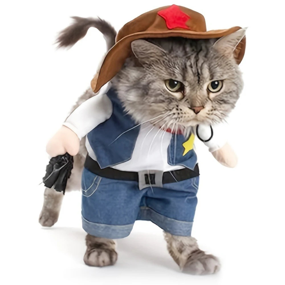 Cowboy Transformable Pet Costume Funny Cat Cosplay Outfit with Hat Halloween Christmas Party Dress Up Clothes for Small Medium
