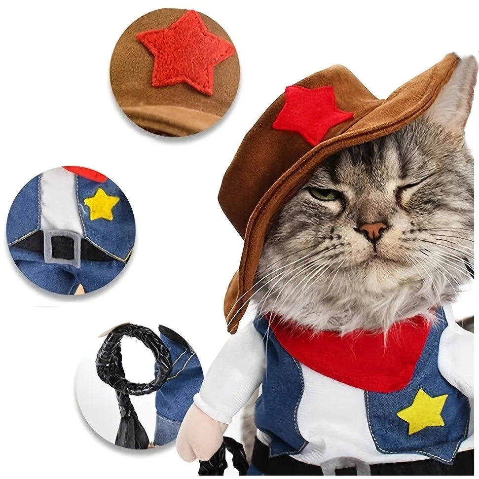 Cowboy Transformable Pet Costume Funny Cat Cosplay Outfit with Hat Halloween Christmas Party Dress Up Clothes for Small Medium